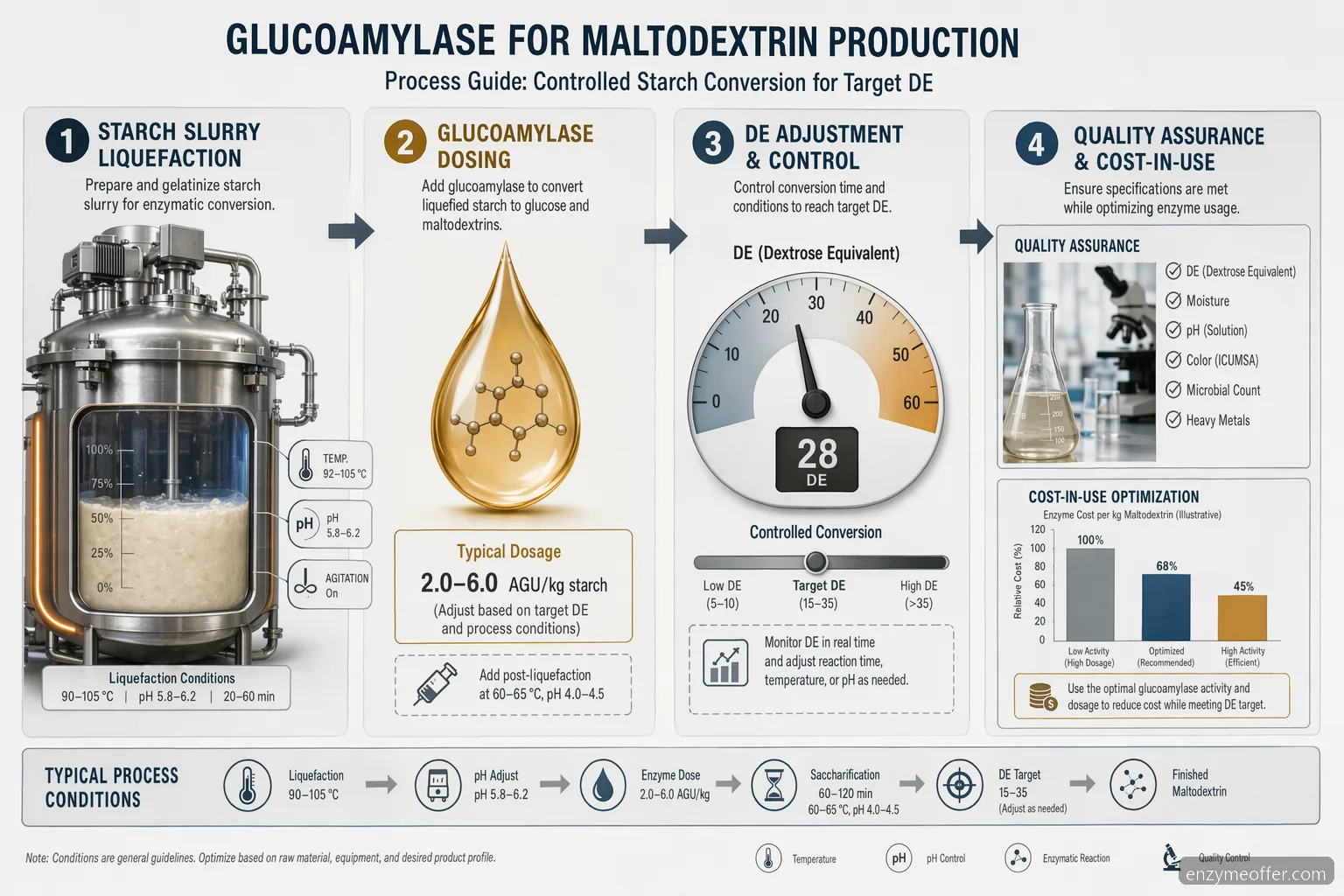 glucoamylase starch for maltodextrin process guide with enzyme dosing, DE control, QC, and cost-in-use icons