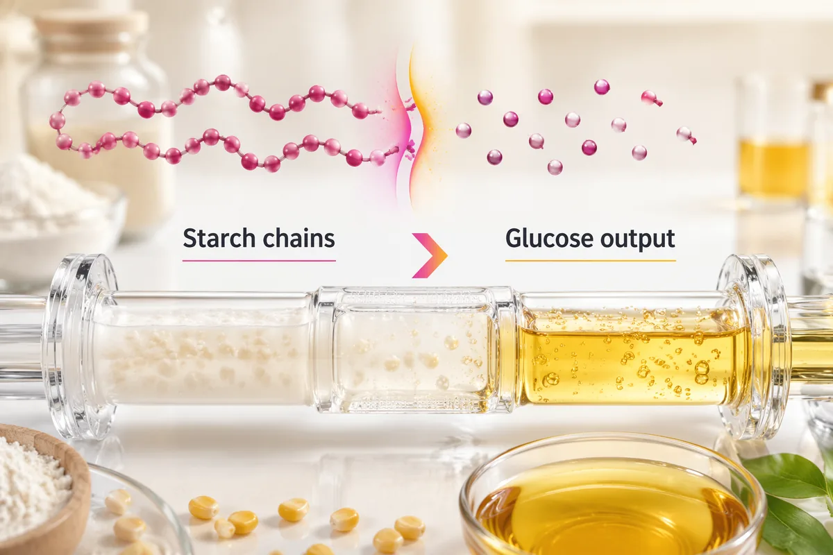 Starch slurry turning into a clear glucose stream in a glass process tube
