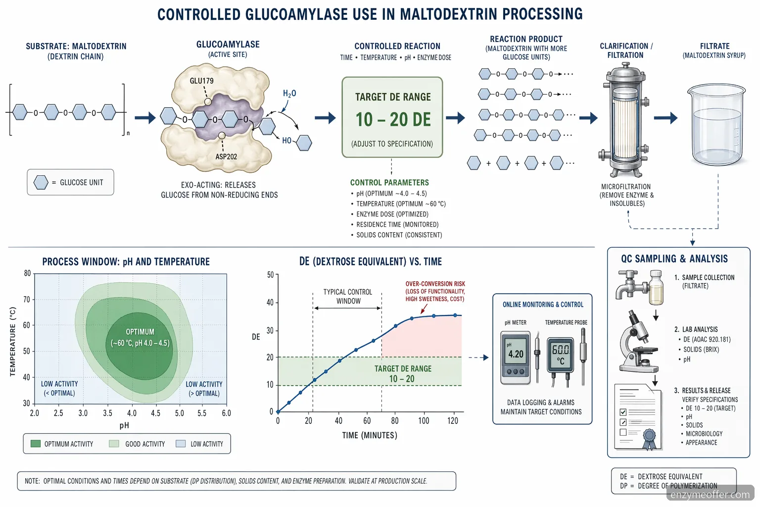 glucoamylase supplier for maltodextrin process guide diagram of pH, temperature, reaction flow and QC checks