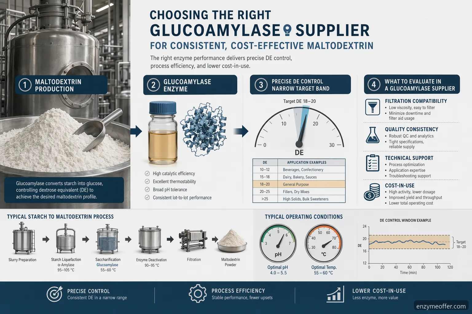 glucoamylase supplier for maltodextrin process guide showing DE control, filtration, QC and cost factors